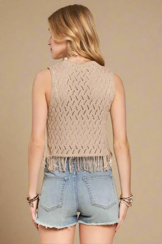 ADORA - Taupe Crochet Fringe Hem Crop Tank