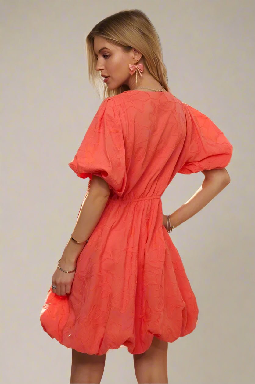 ADORA - Textured Puff Sleeve Bubble Hem Mini Dress – Coral Red