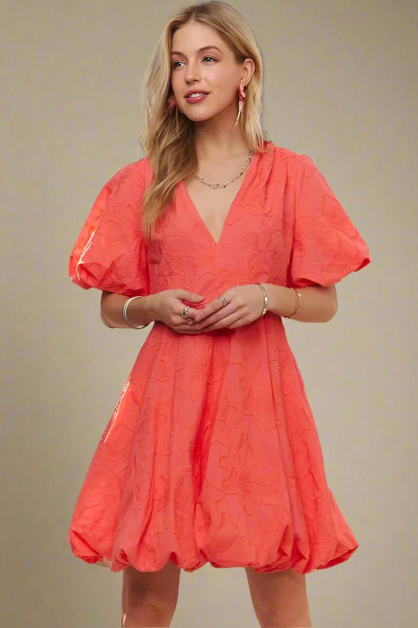 ADORA - Textured Puff Sleeve Bubble Hem Mini Dress – Coral Red