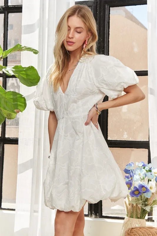 ADORA - Textured Puff Sleeve Bubble Hem Mini Dress – White