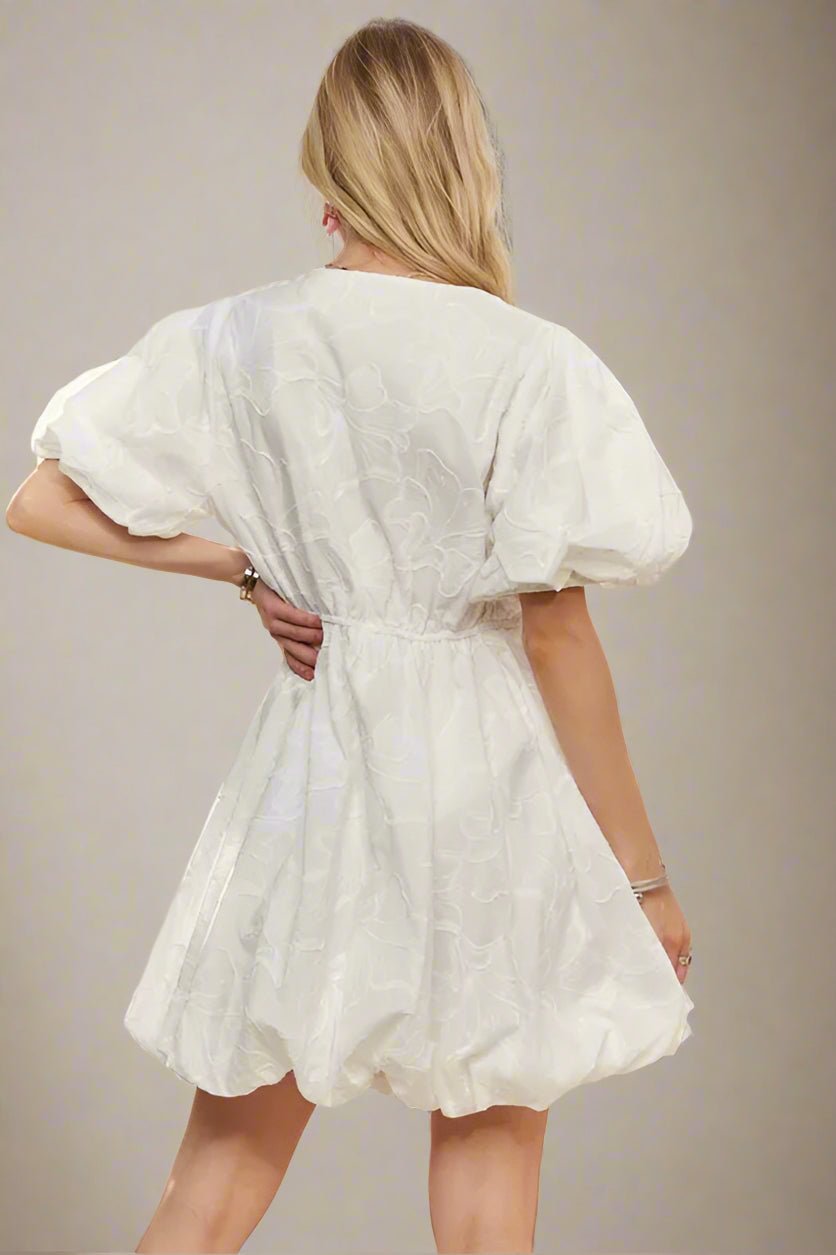 ADORA - Textured Puff Sleeve Bubble Hem Mini Dress – White