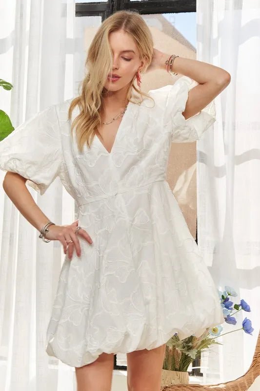 ADORA - Textured Puff Sleeve Bubble Hem Mini Dress – White