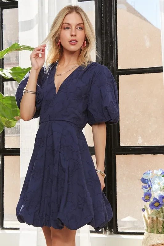 ADORA - Textured Puff Sleeve Mini Dress – Navy