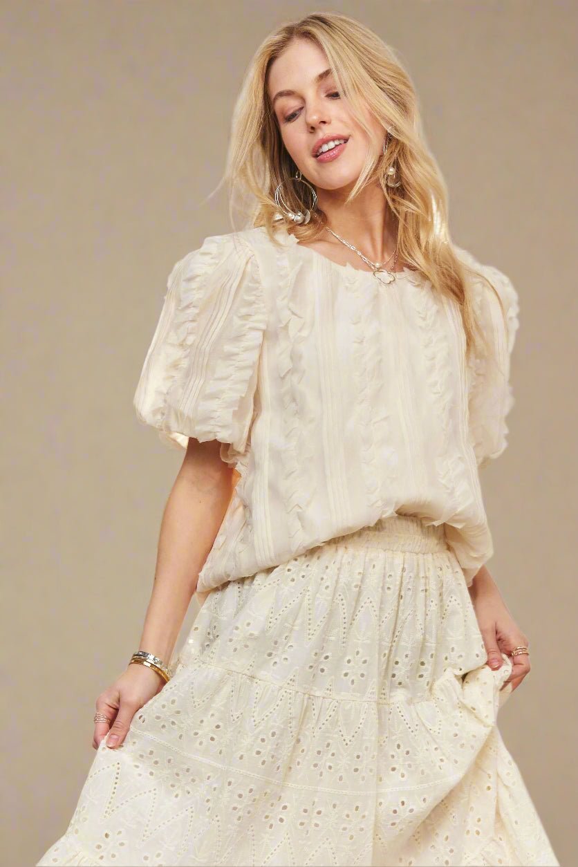 ADORA - Textured Ruffle Puff Sleeve Blouse in Ivory Cream