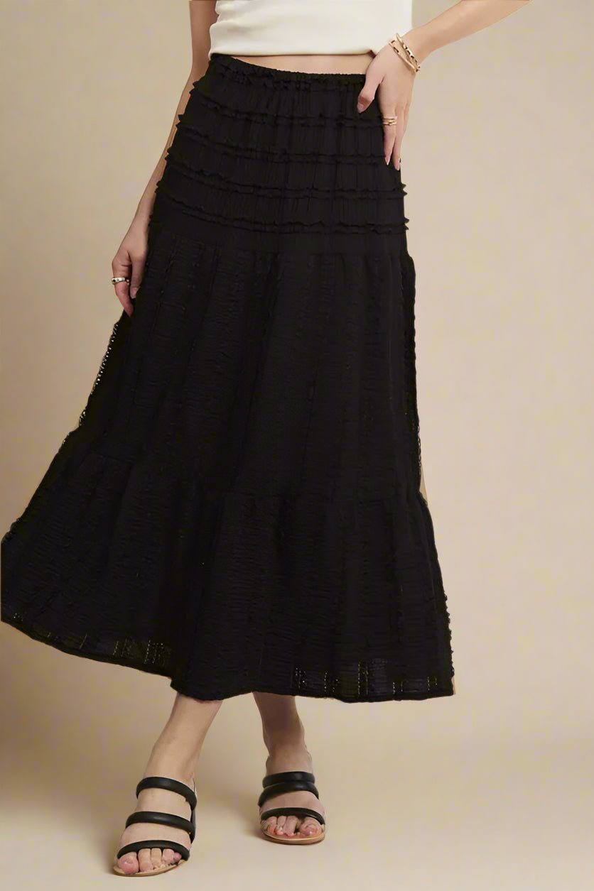 ADORA - Textured Tiered Midi Skirt in Black