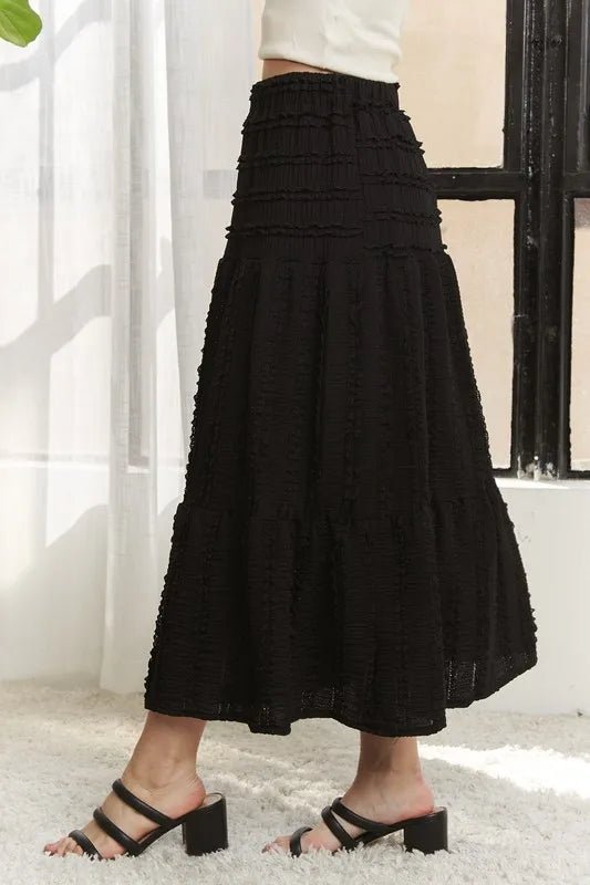ADORA - Textured Tiered Midi Skirt in Black
