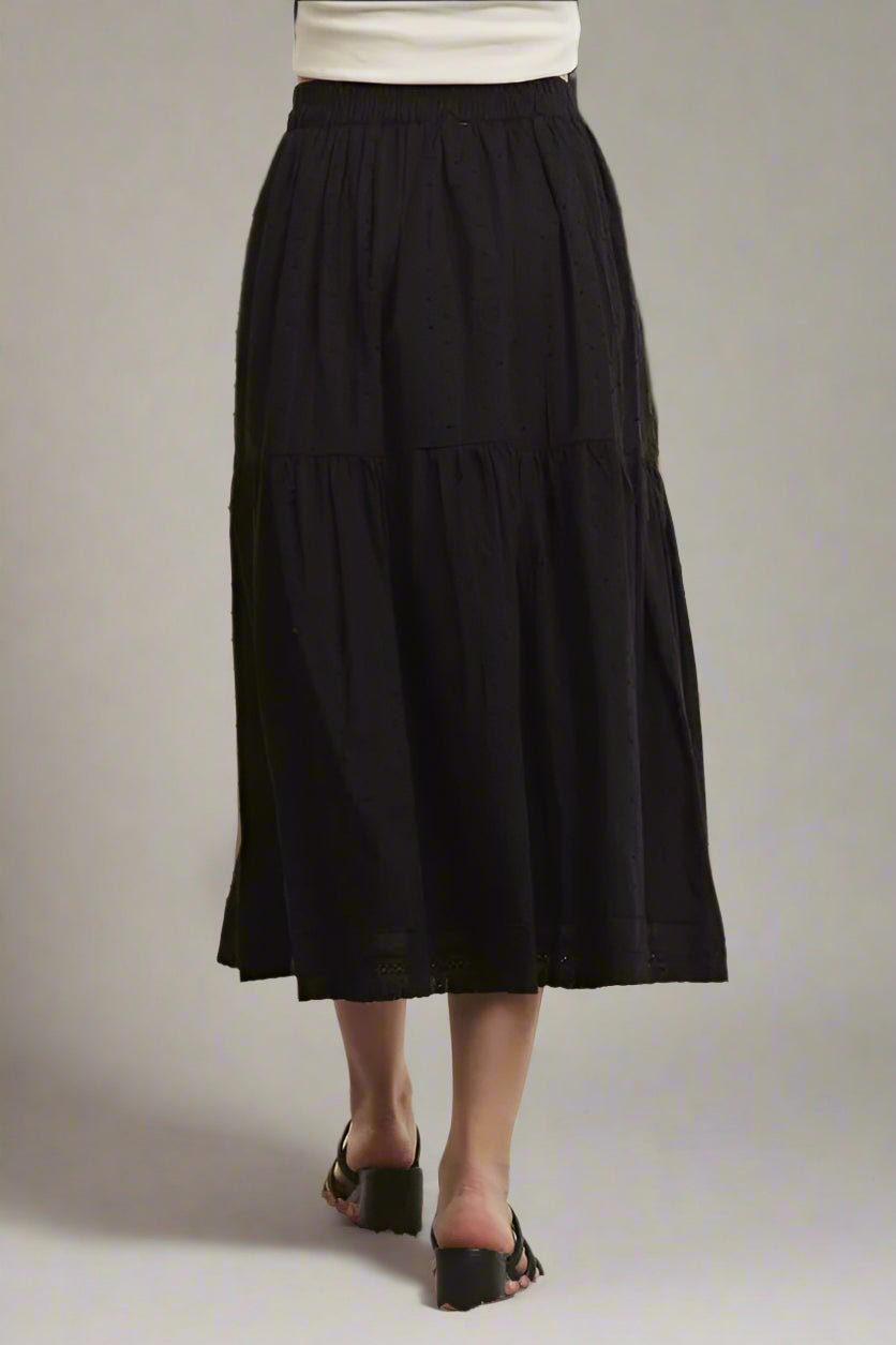ADORA - Tiered Cotton Midi Skirt in Black