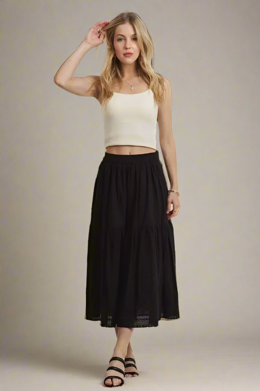 ADORA - Tiered Cotton Midi Skirt in Black