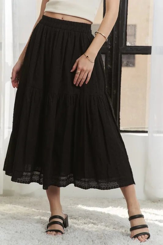ADORA - Tiered Cotton Midi Skirt in Black