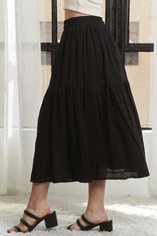 ADORA - Tiered Cotton Midi Skirt in Black