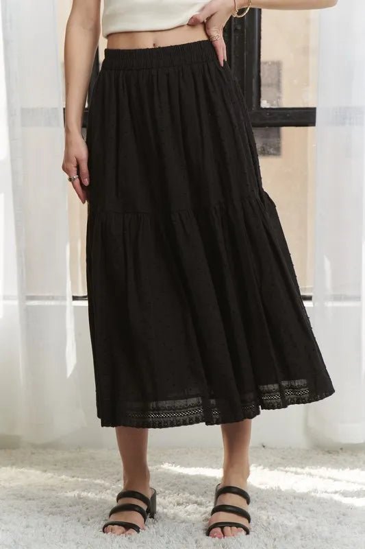 ADORA - Tiered Cotton Midi Skirt in Black