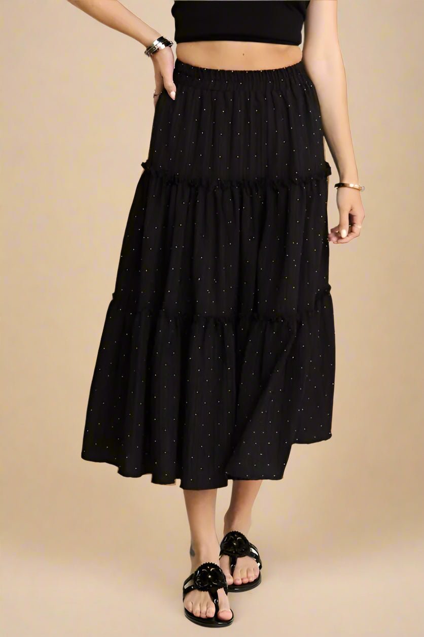 ADORA - Tiered Midi Skirt with Rhinestones in Black