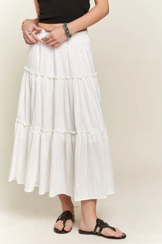 ADORA - Tiered Midi Skirt with Rhinestones in White