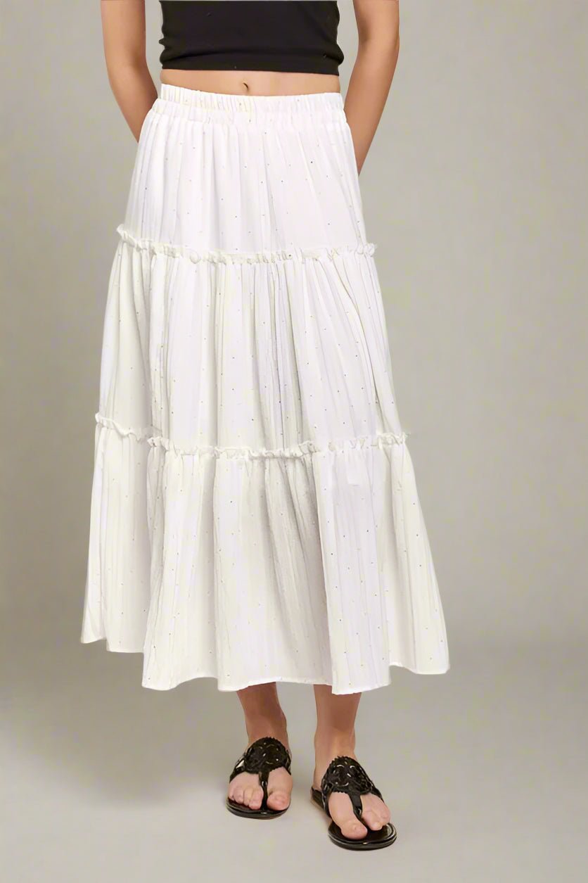 ADORA - Tiered Midi Skirt with Rhinestones in White