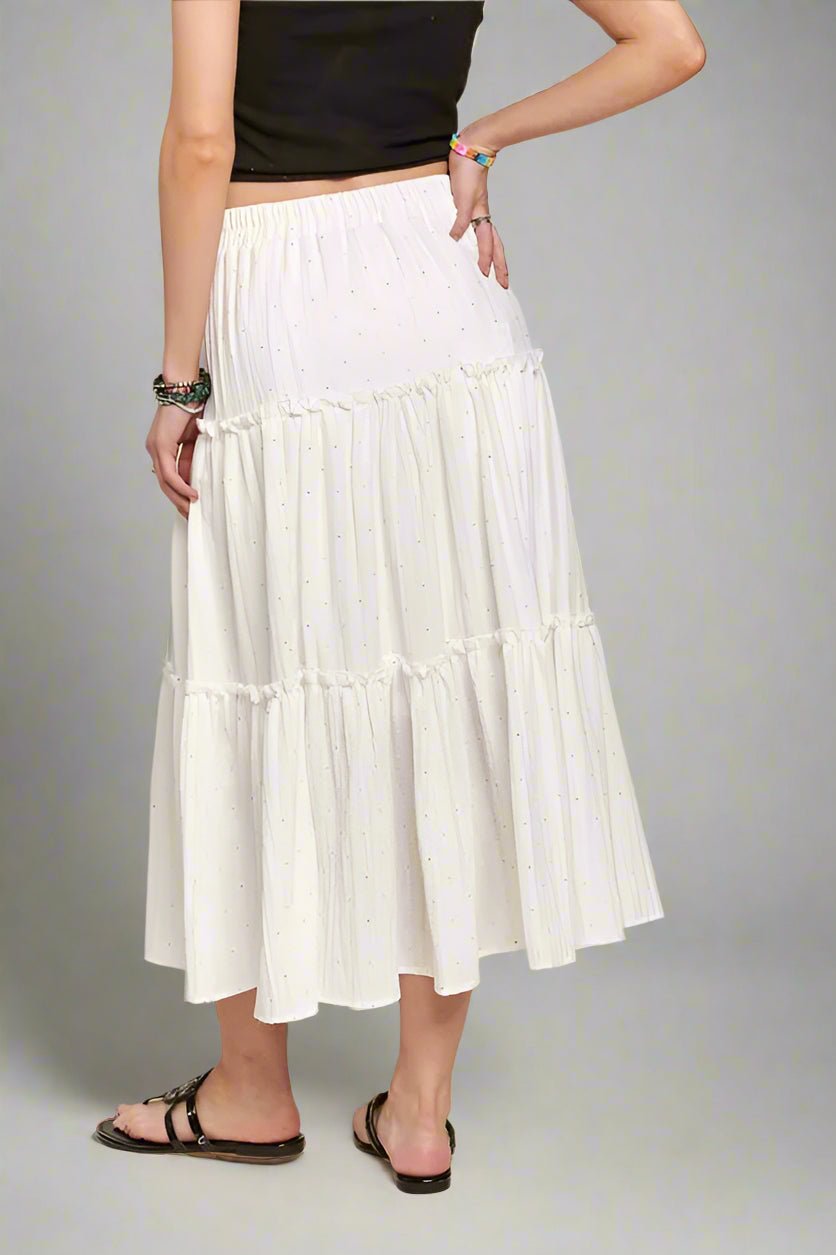 ADORA - Tiered Midi Skirt with Rhinestones in White