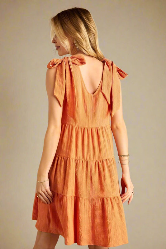 ADORA - V - Neck Tie Shoulder Mini Dress in Tangerine
