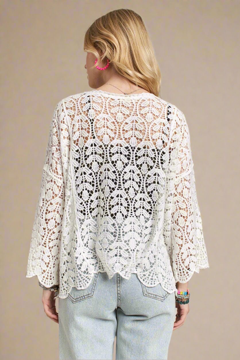 ADORA - White Crochet Open Kimono Cardigan