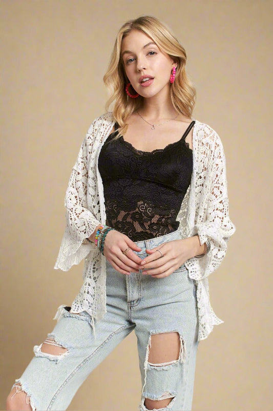 ADORA - White Crochet Open Kimono Cardigan