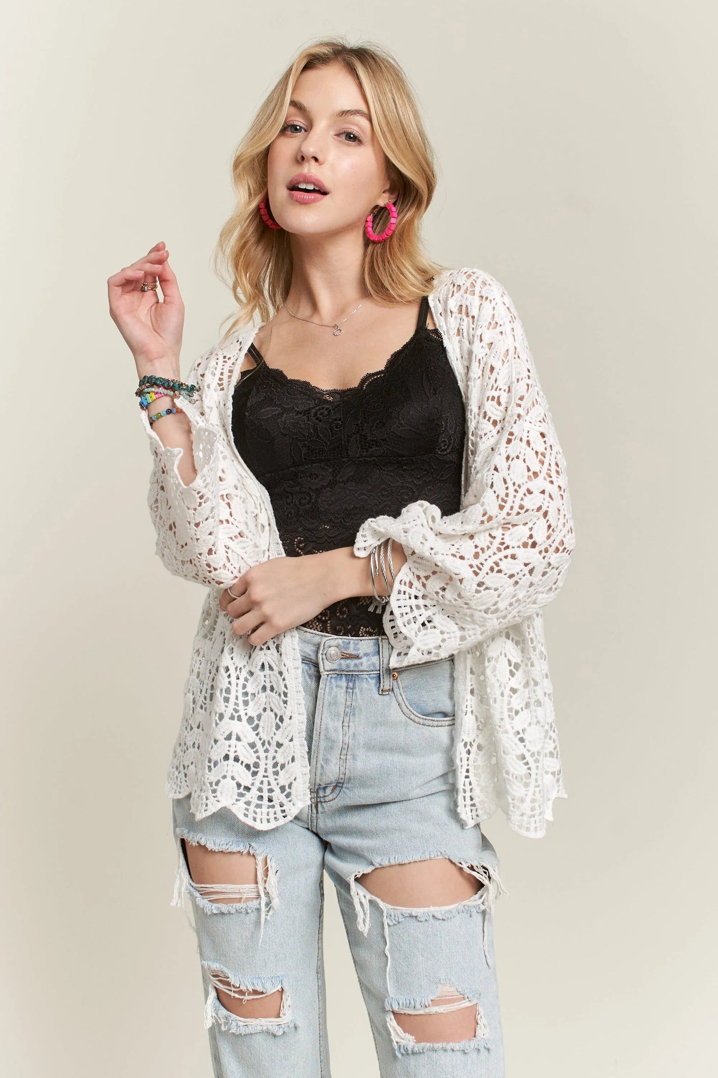 ADORA - White Crochet Open Kimono Cardigan