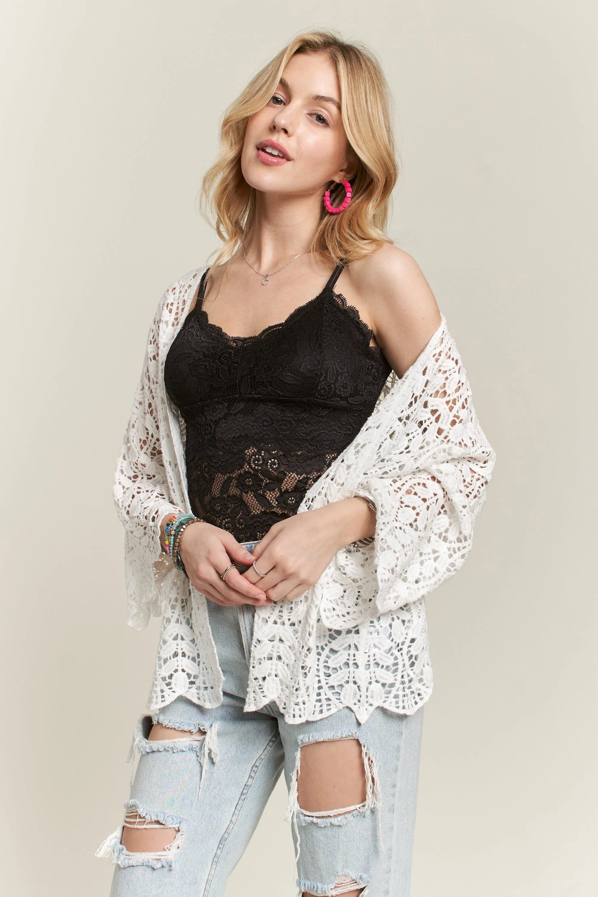 ADORA - White Crochet Open Kimono Cardigan