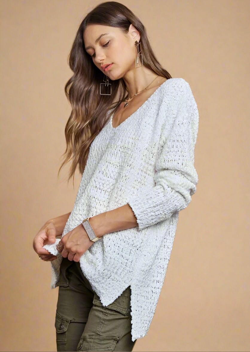 ADORA - White High - Low Hem V - Neck Tunic Sweater