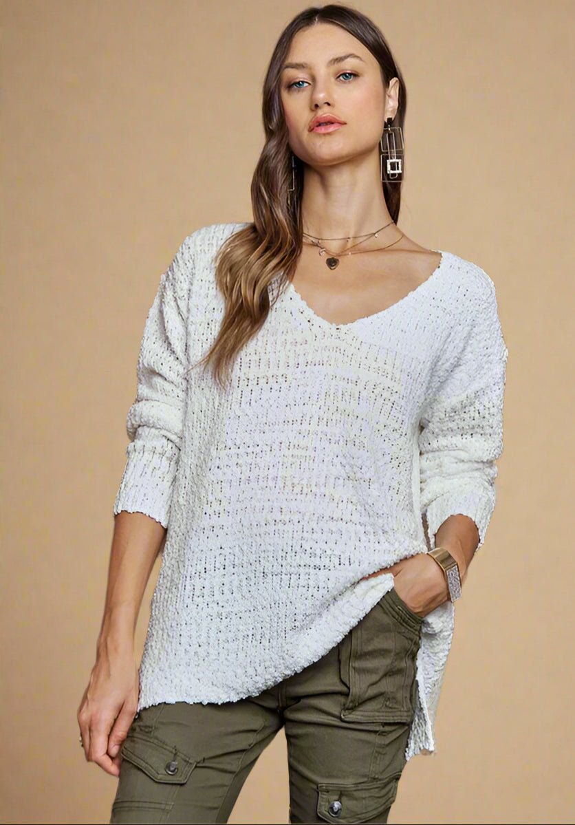 ADORA - White High - Low Hem V - Neck Tunic Sweater