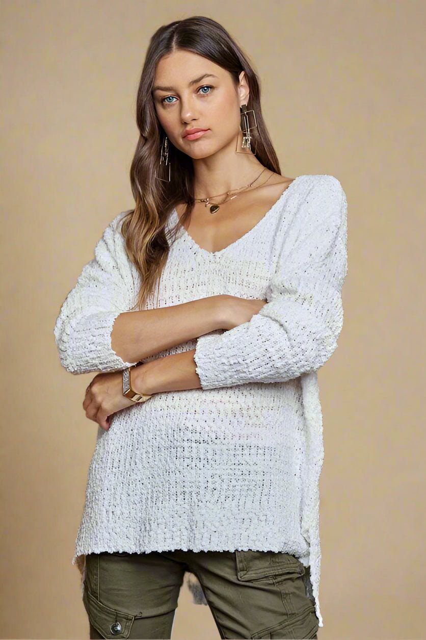 ADORA - White High - Low Hem V - Neck Tunic Sweater