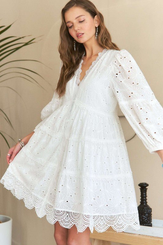ADORA - White Lace Detail Mini Babydoll Dress