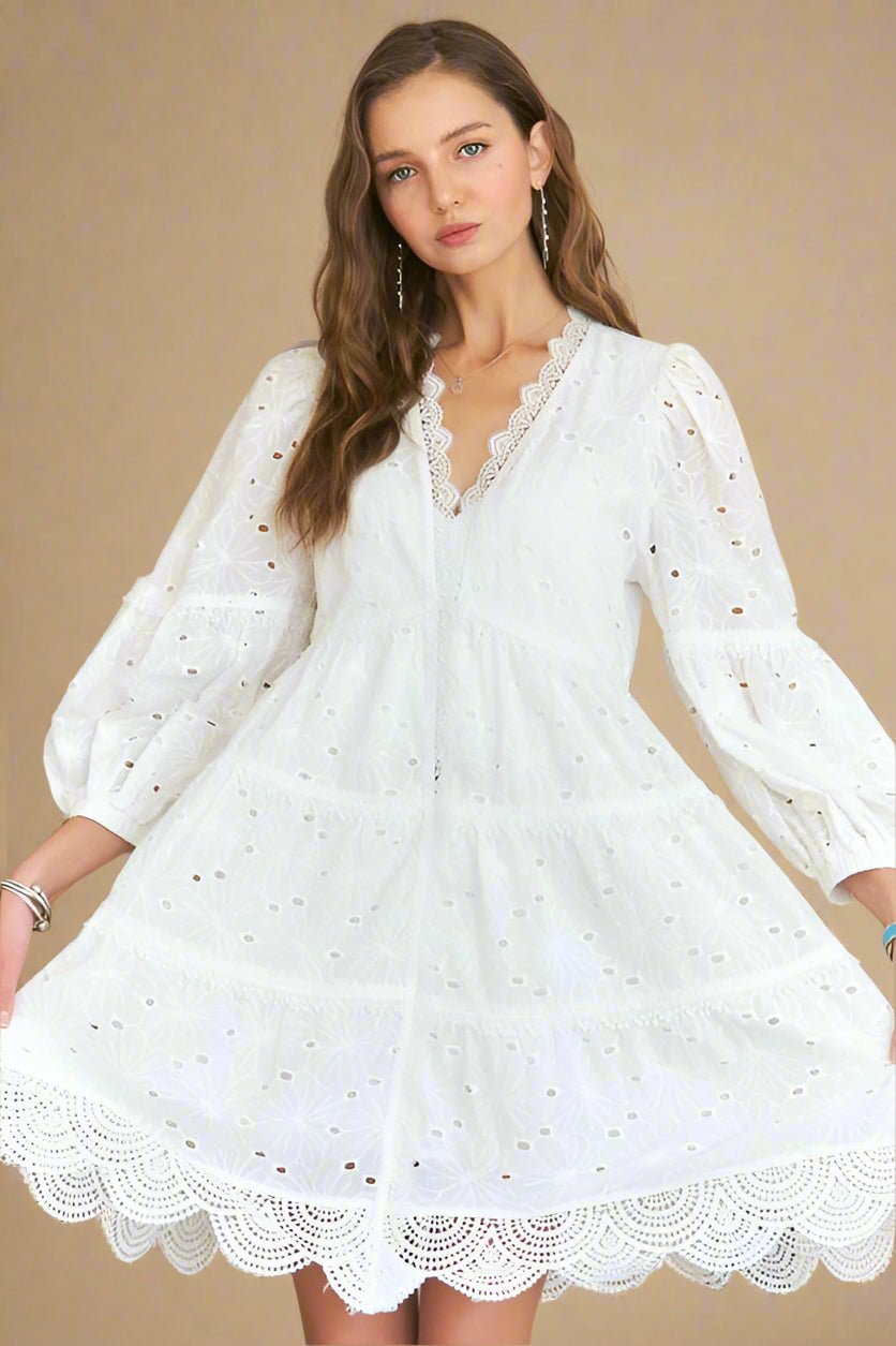 ADORA - White Lace Detail Mini Babydoll Dress