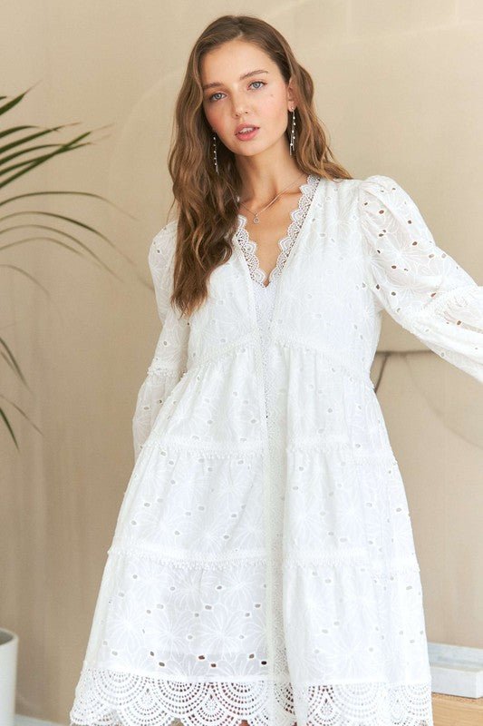 ADORA - White Lace Detail Mini Babydoll Dress