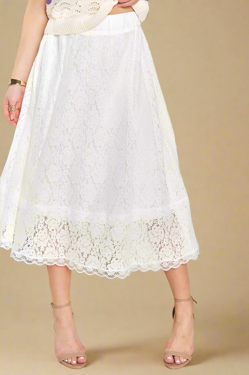 ADORA - White Lace Elastic Waist Midi Skirt