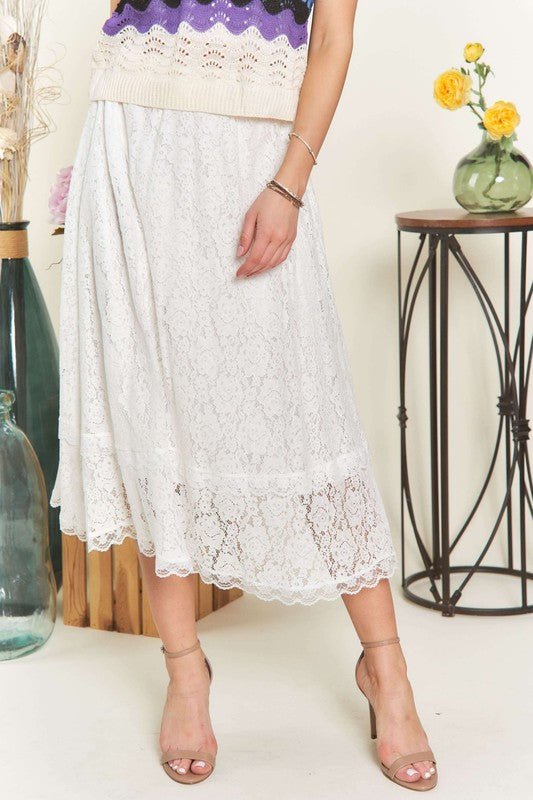 ADORA - White Lace Elastic Waist Midi Skirt