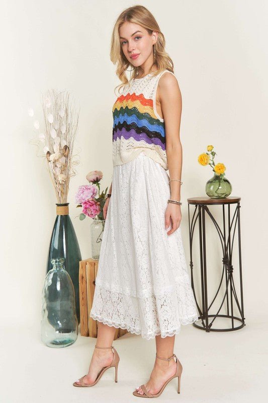 ADORA - White Lace Elastic Waist Midi Skirt