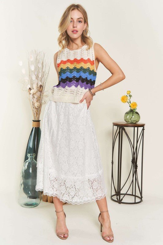 ADORA - White Lace Elastic Waist Midi Skirt