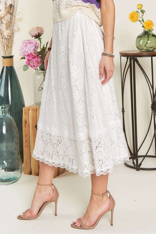 ADORA - White Lace Elastic Waist Midi Skirt