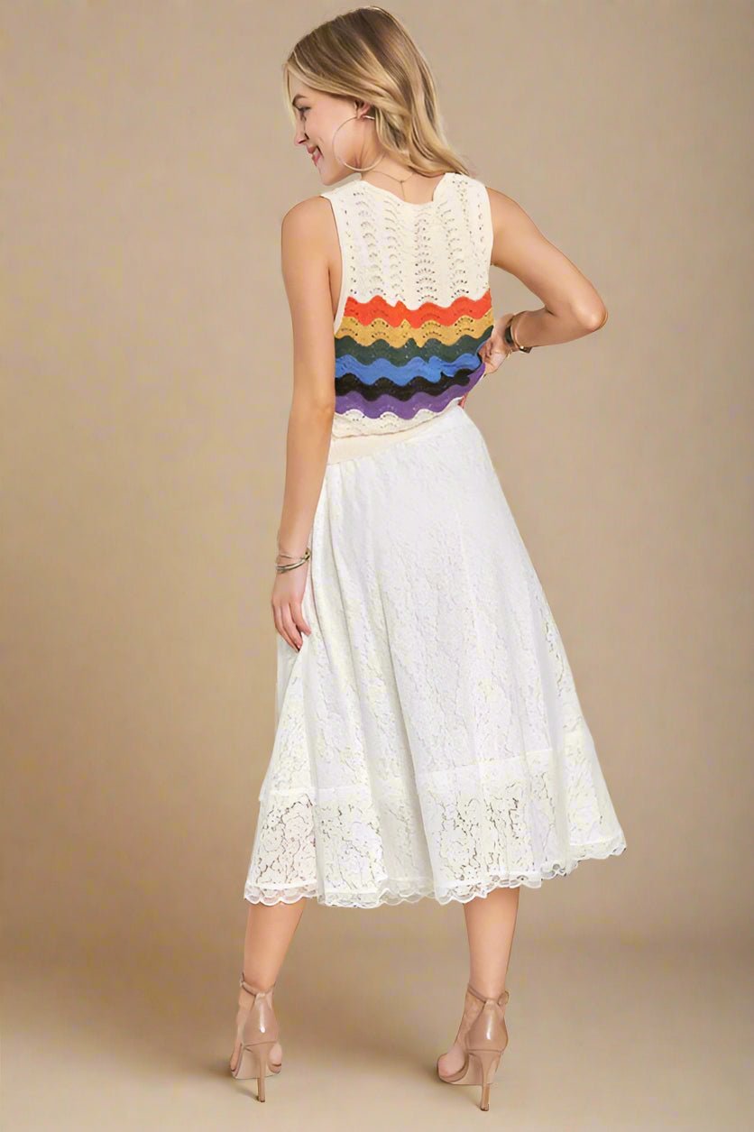 ADORA - White Lace Elastic Waist Midi Skirt