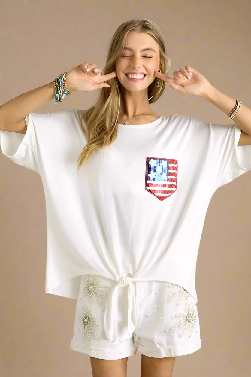 ADORA - White Sequin Flag Pocket Tie - Hem Top