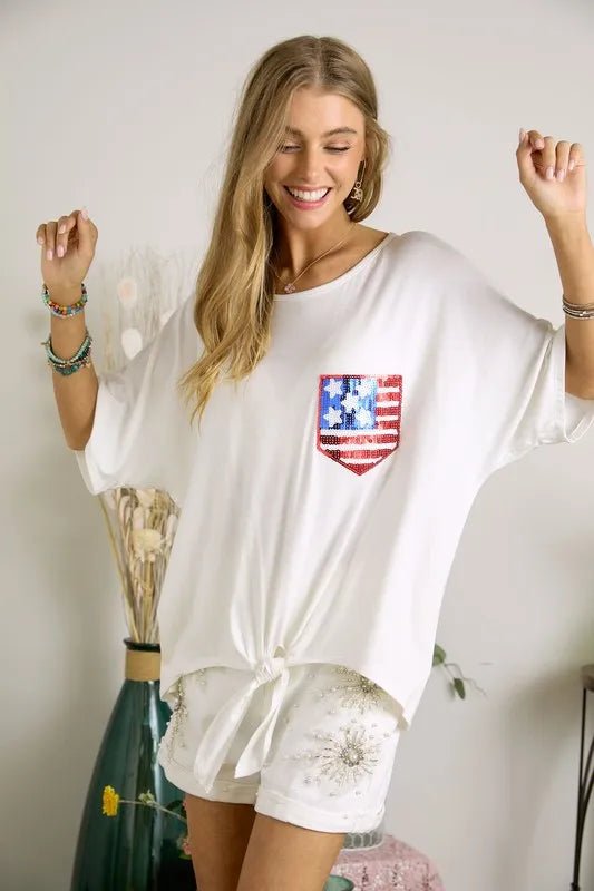 ADORA - White Sequin Flag Pocket Tie - Hem Top