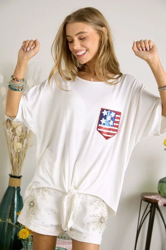 ADORA - White Sequin Flag Pocket Tie - Hem Top