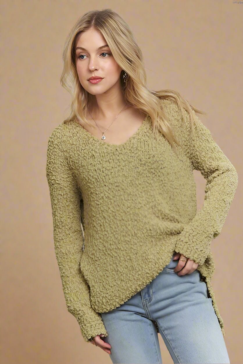 ADORA - Yellow - Green High - Low Hem V - Neck Tunic Sweater
