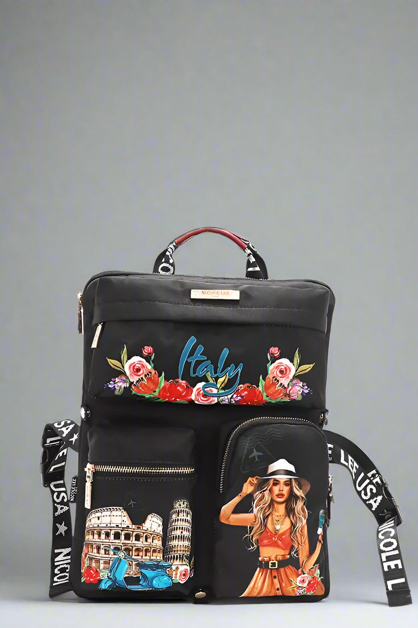 Black backpack with floral 'Italy' design and Colosseum illustration on a white background
