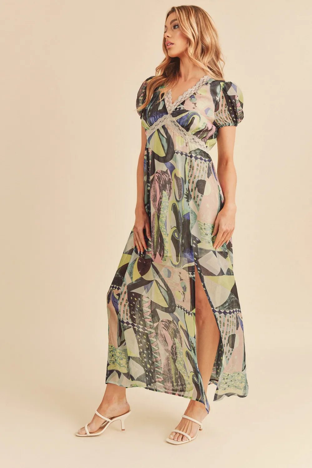 AEMI+CO - Abstract Sage Multi Lace Trim Maxi Dress