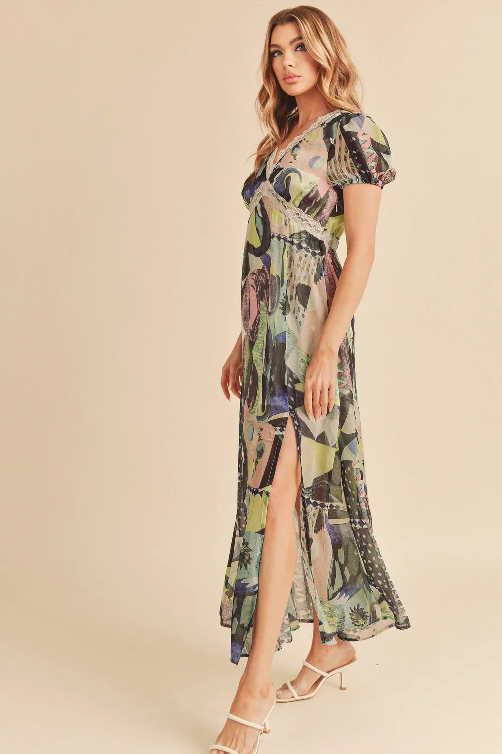 AEMI+CO - Abstract Sage Multi Lace Trim Maxi Dress