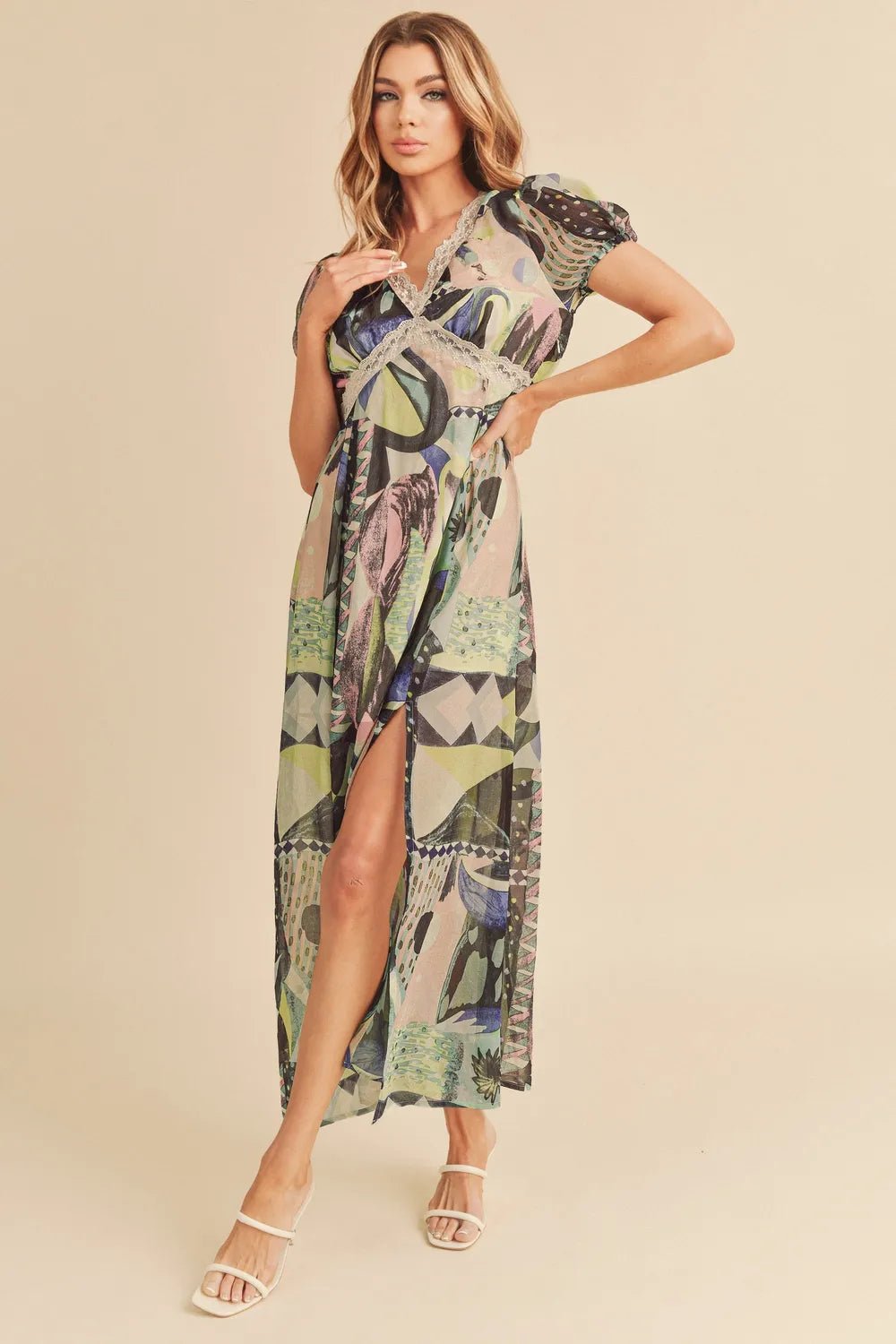 AEMI+CO - Abstract Sage Multi Lace Trim Maxi Dress