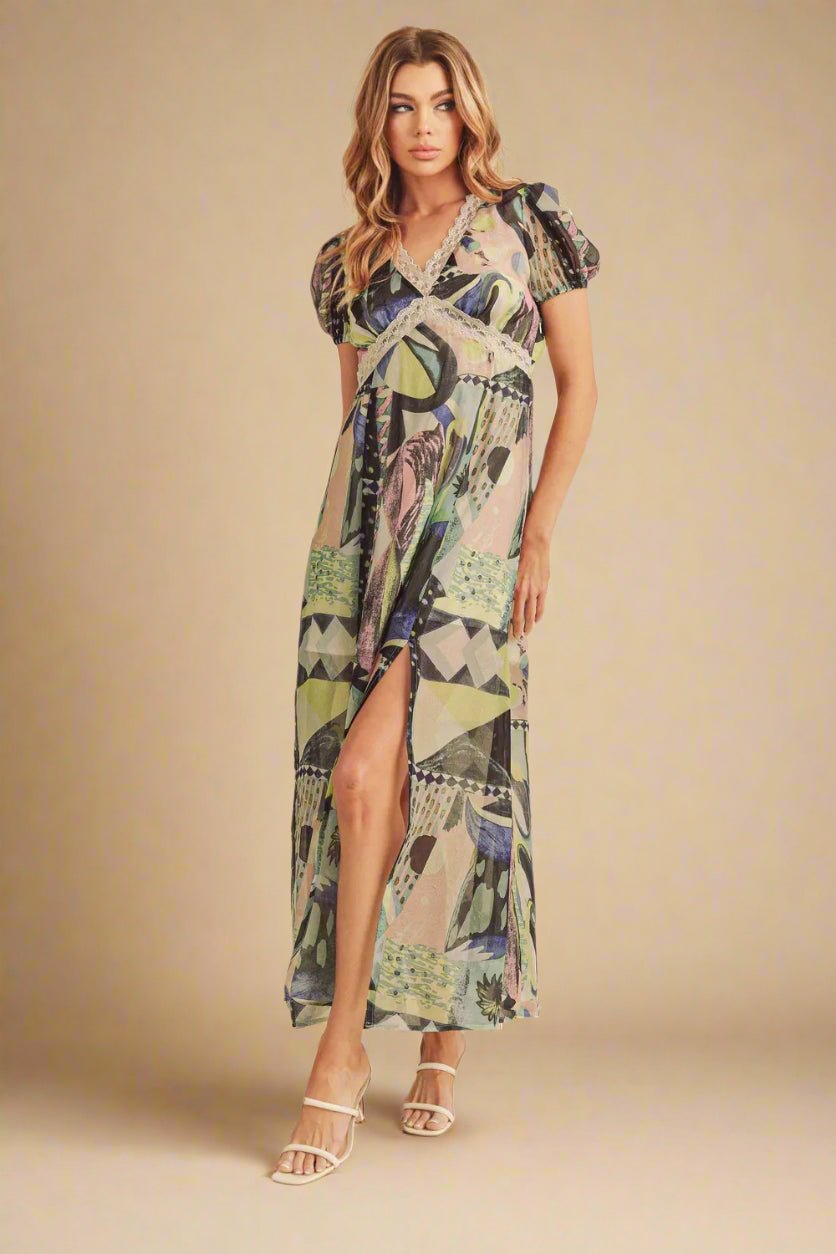 AEMI+CO - Abstract Sage Multi Lace Trim Maxi Dress