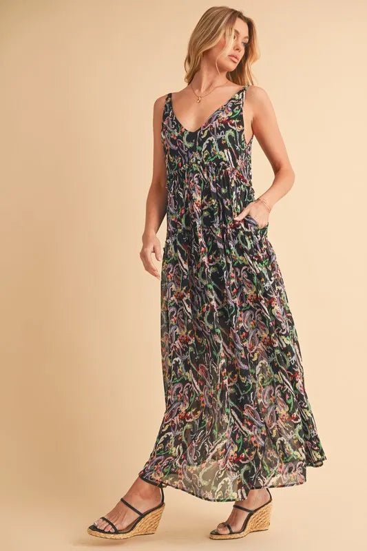 AEMI+CO - Black Abstract Print Maxi Dress
