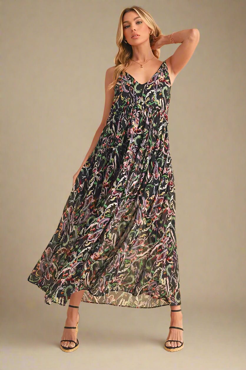 AEMI+CO - Black Abstract Print Maxi Dress