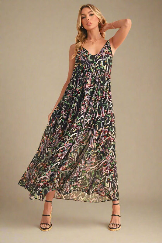 AEMI+CO - Black Abstract Print Maxi Dress