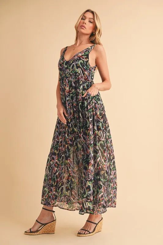 AEMI+CO - Black Abstract Print Maxi Dress