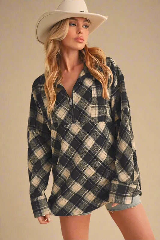 AEMI+CO - Black & Beige Plaid Half - Zip Pullover